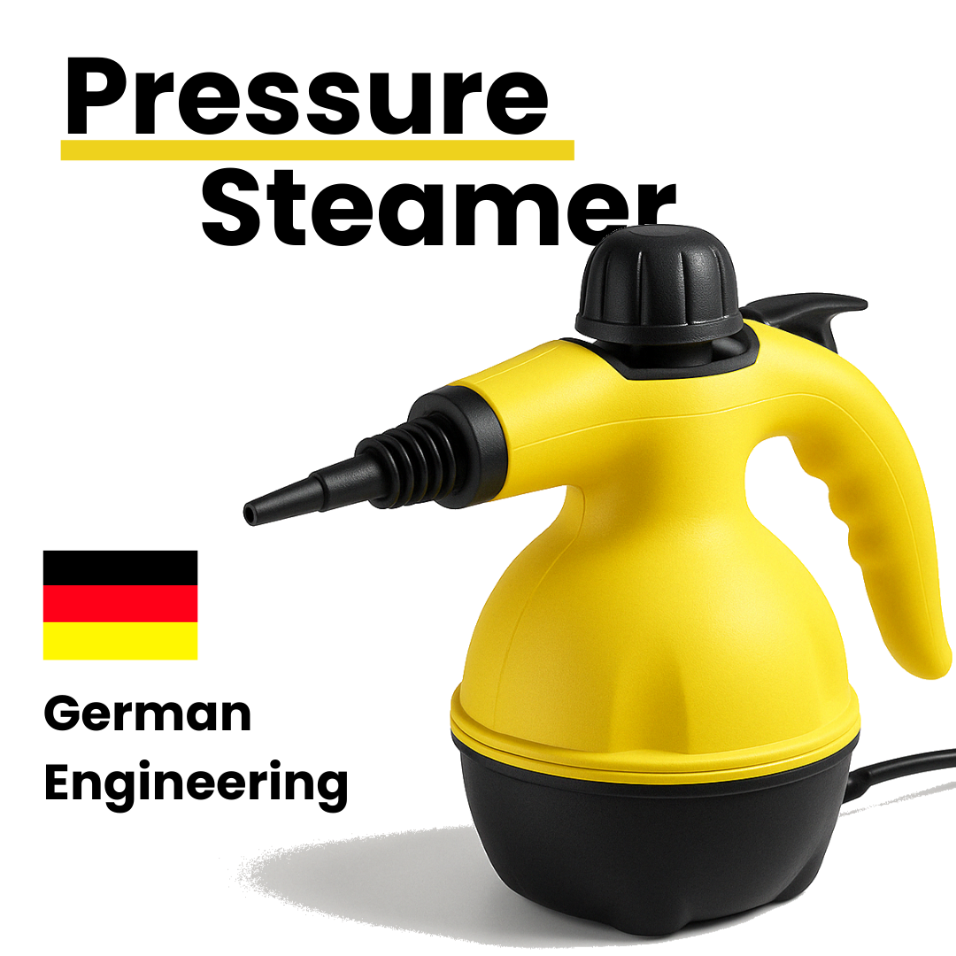 High-performance yellow handheld pressure steamer with German engineering, ideal for chemical-free deep cleaning at home."