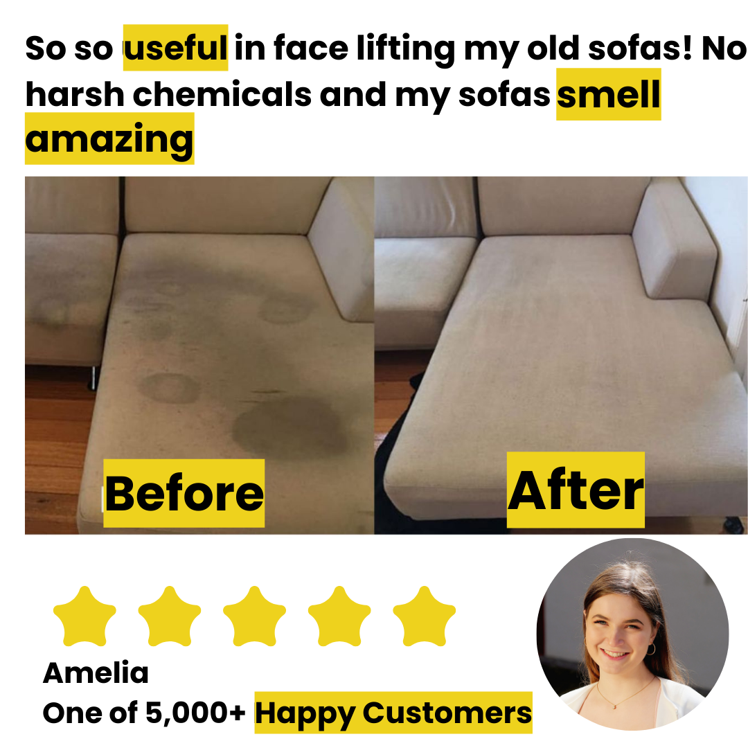 "Before and after sofa cleaning with pressure steamer showing dramatic stain removal, with customer review highlighting chemical-free freshness