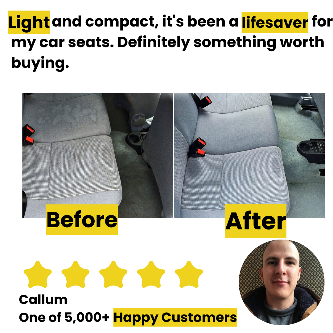 Car seat cleaning transformation using compact pressure steamer, with a 5-star customer review praising its portability and effectiveness.