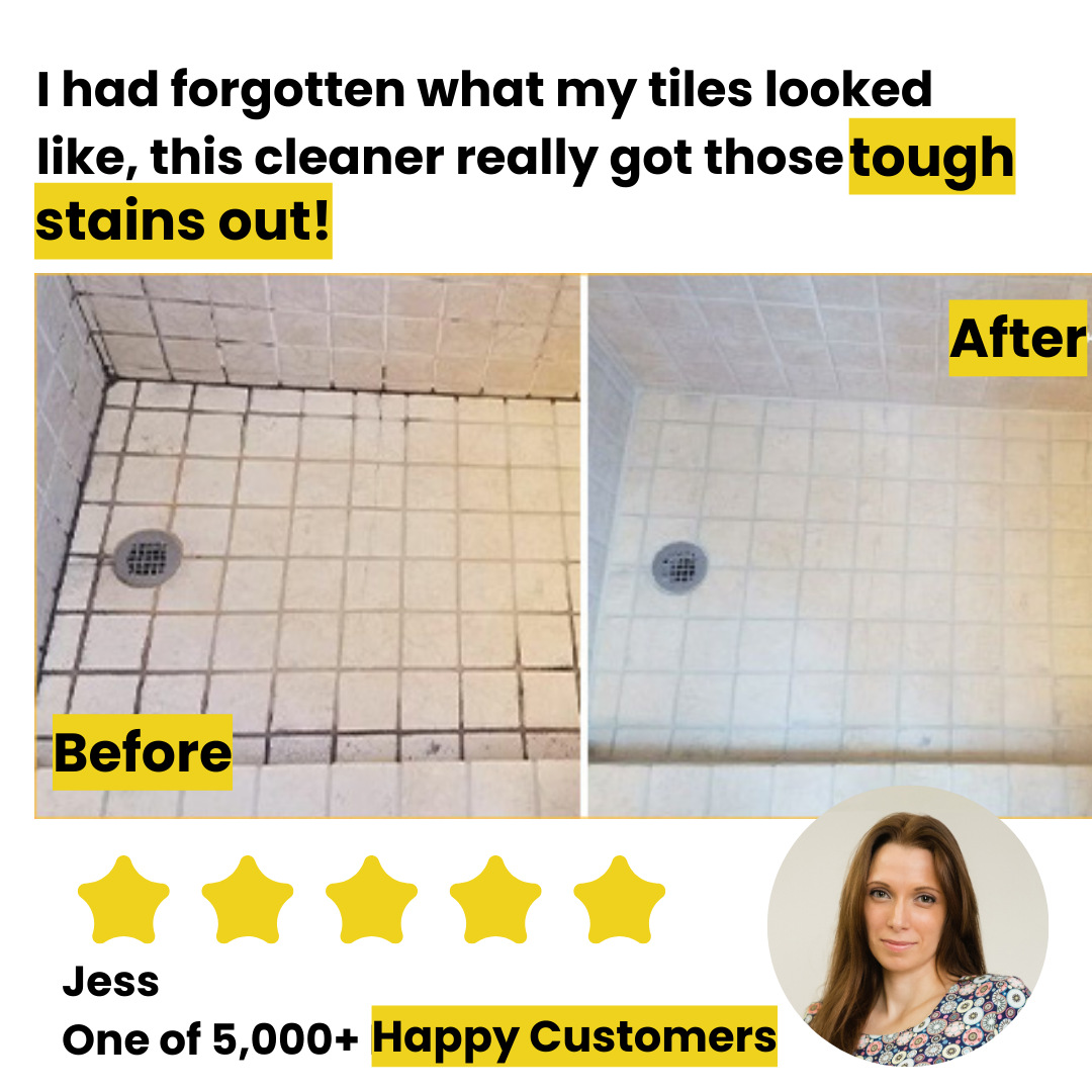 Shower tile grout cleaning before and after using powerful steam cleaner, featuring a glowing customer testimonial on tough stain removal.