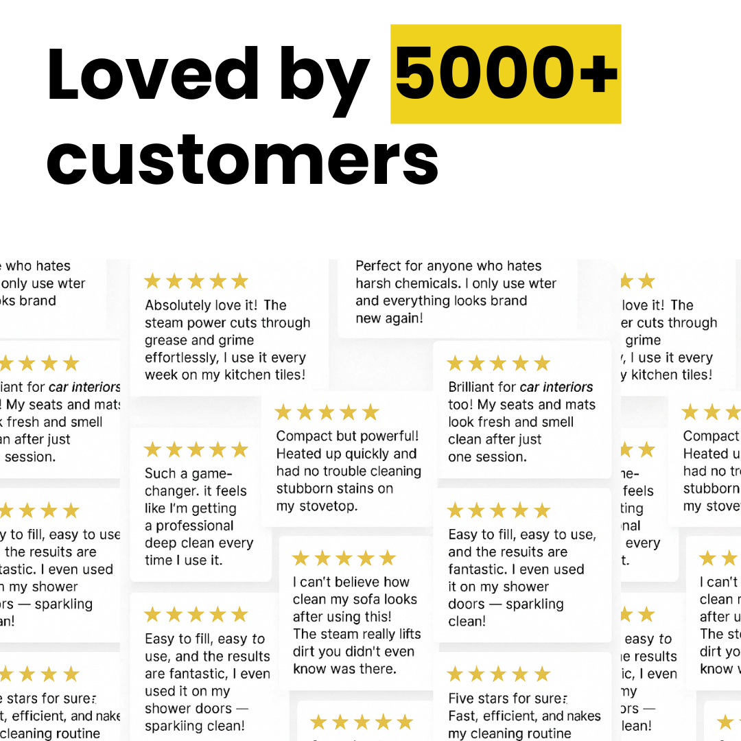 Collage of 5-star customer reviews praising the handheld steam cleaner for ease of use, effective cleaning, and chemical-free results.
