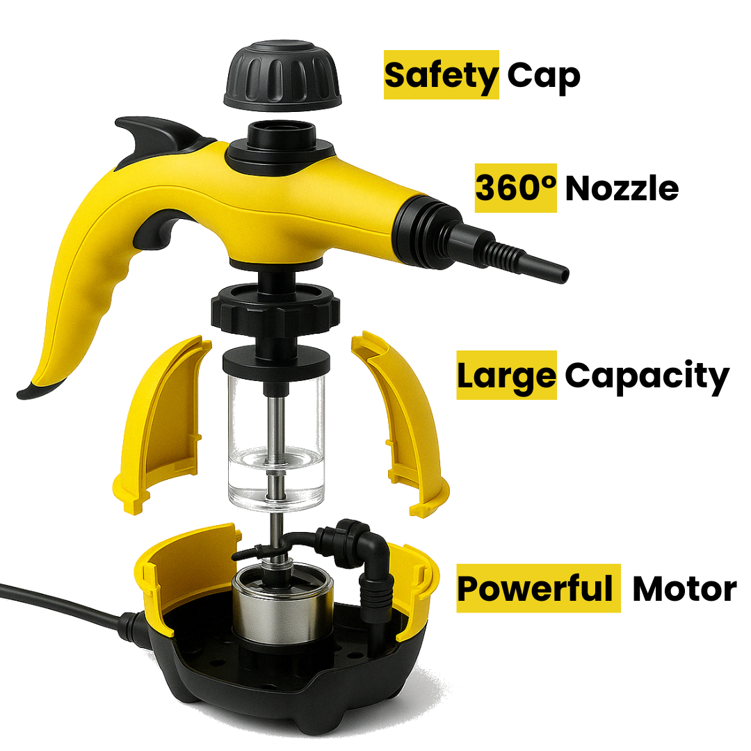 Exploded view of pressure steamer design showing safety cap, 360-degree nozzle, large water tank, and powerful internal motor.