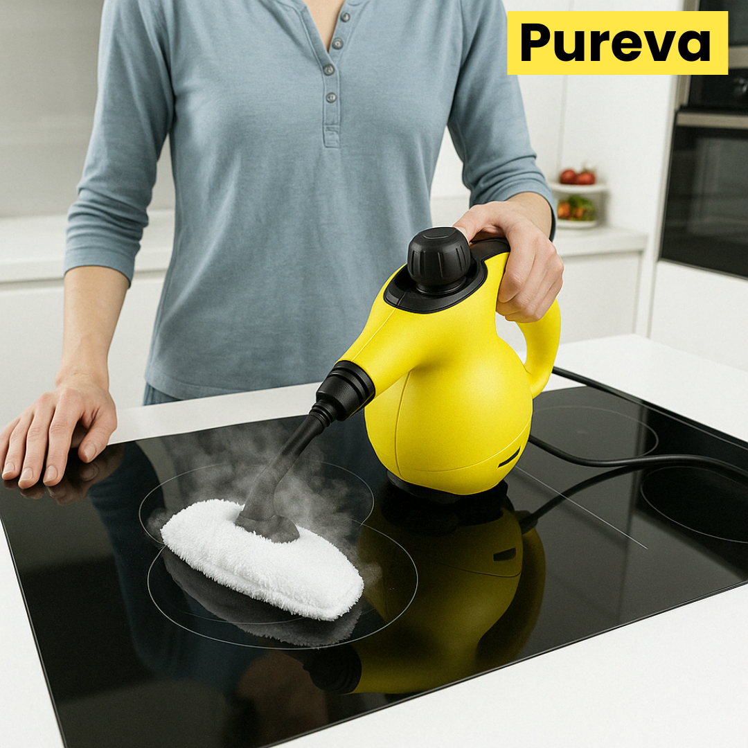 Woman using the Pureva handheld steam cleaner to clean stovetop surfaces with powerful steam, ideal for kitchen cleaning tasks