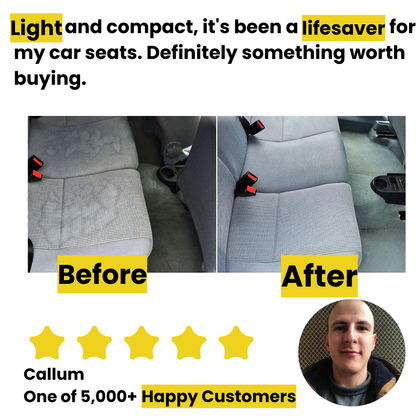 Car seat cleaning transformation using compact pressure steamer, with a 5-star customer review praising its portability and effectiveness.
