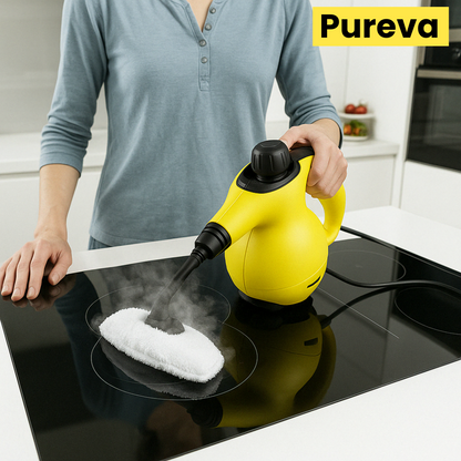 Woman using the Pureva handheld steam cleaner to clean stovetop surfaces with powerful steam, ideal for kitchen cleaning tasks